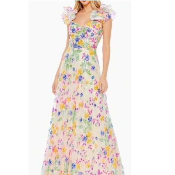 Mac Duggal Multicolor Floral Sequin Embellished Ruffle Sleeve Gown 14 NWT - Picture 3 of 11